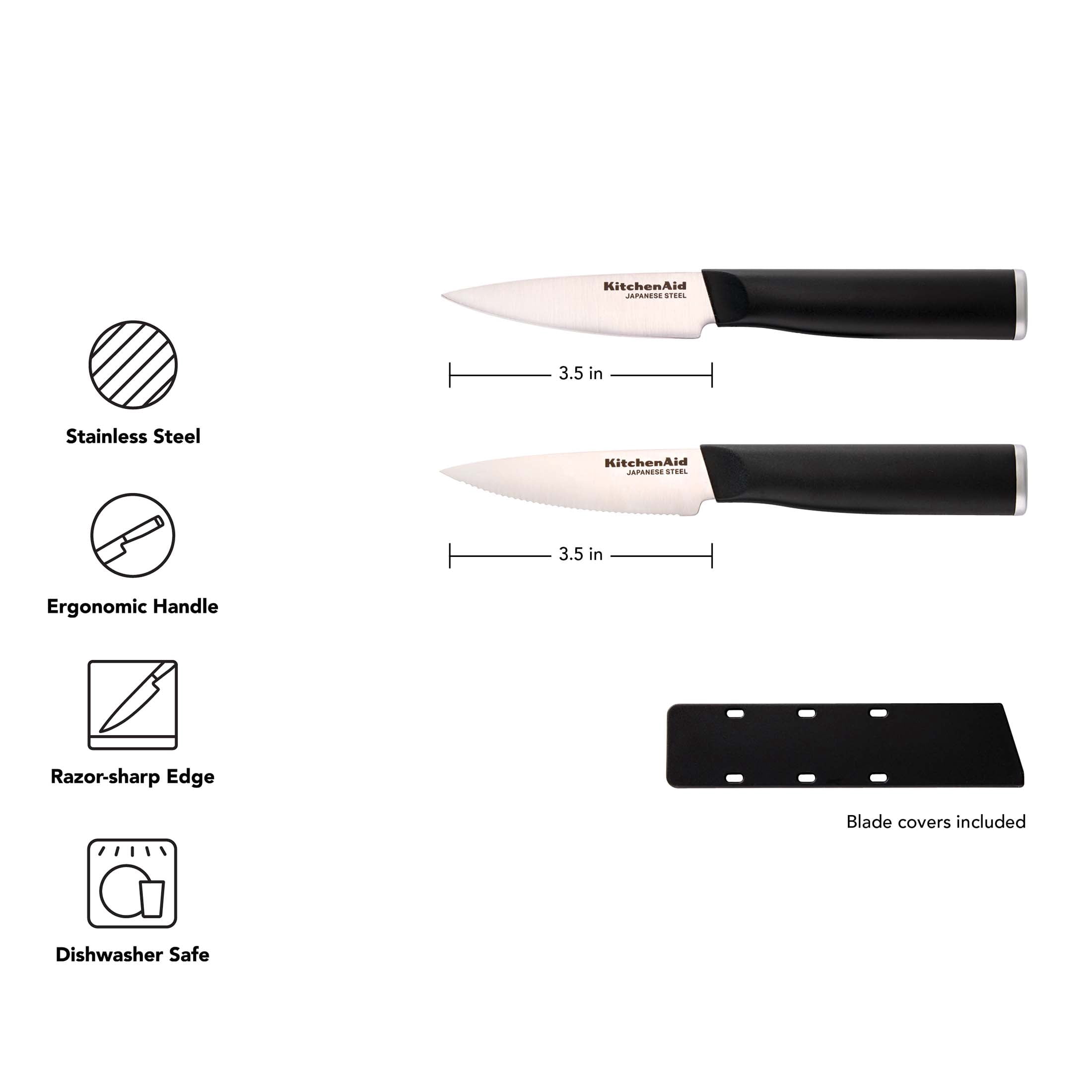 KitchenAid 2-Piece Paring Knife Set, High-Carbon Japanese Steel, Straight & Serrated, with Covers