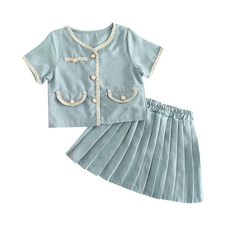 

B91xZ Baby Outfits for Girls Toddler Girl Summer And Autumn Outfits Short Sleeve Light Blue False Pocket School Girl Outfit Blue Sizes 7 Years