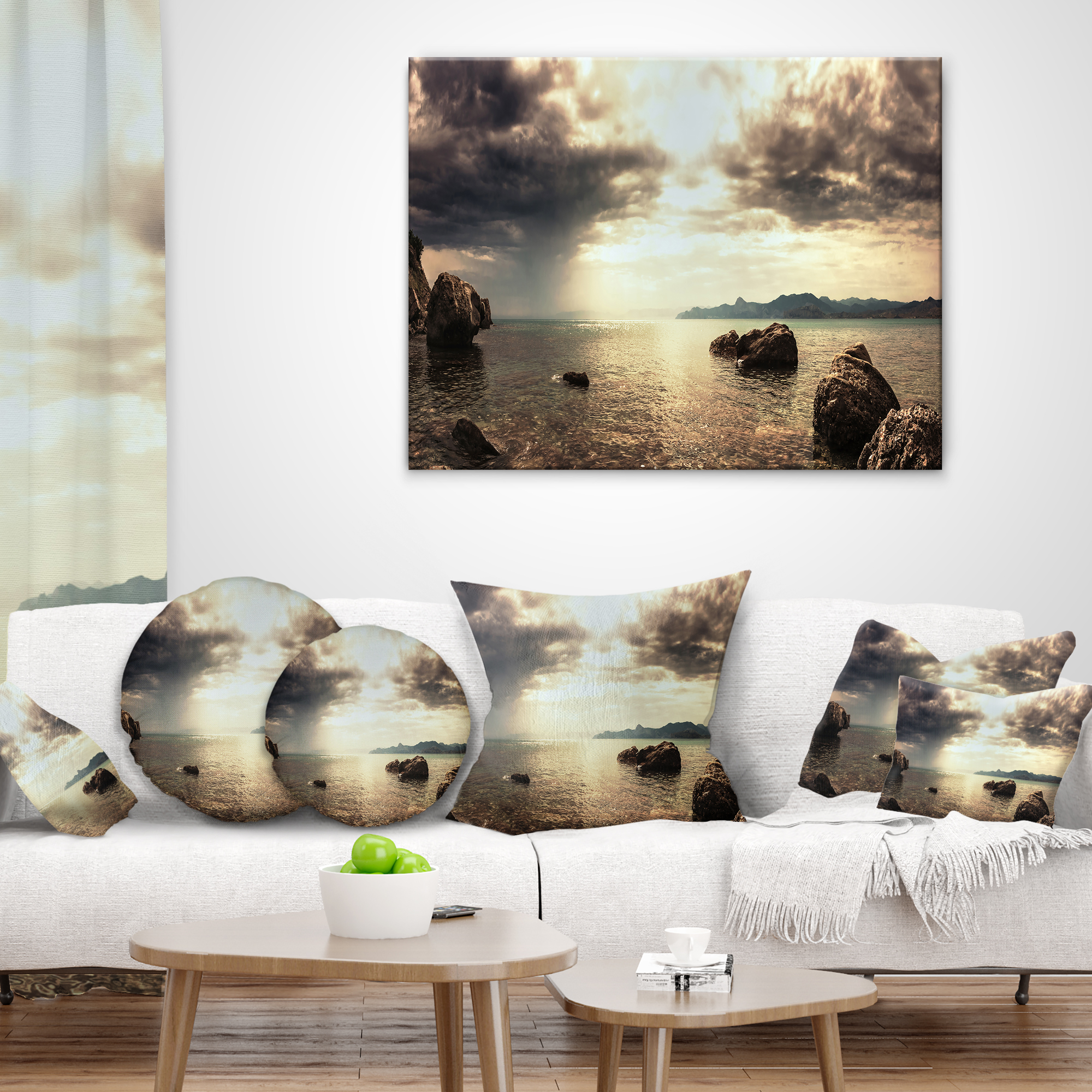 Designart Rocky Seashore under Clouds Panorama - Modern Beach Throw Pillow - 18x18