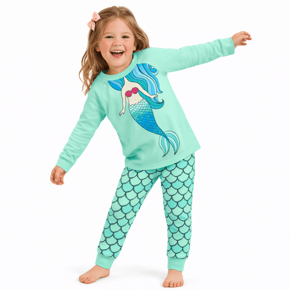 Rimyaw Toddler Girls Cotton Pajamas, 2-Piece Mermaid Sleepwear Set, Casual Clothes, 3T