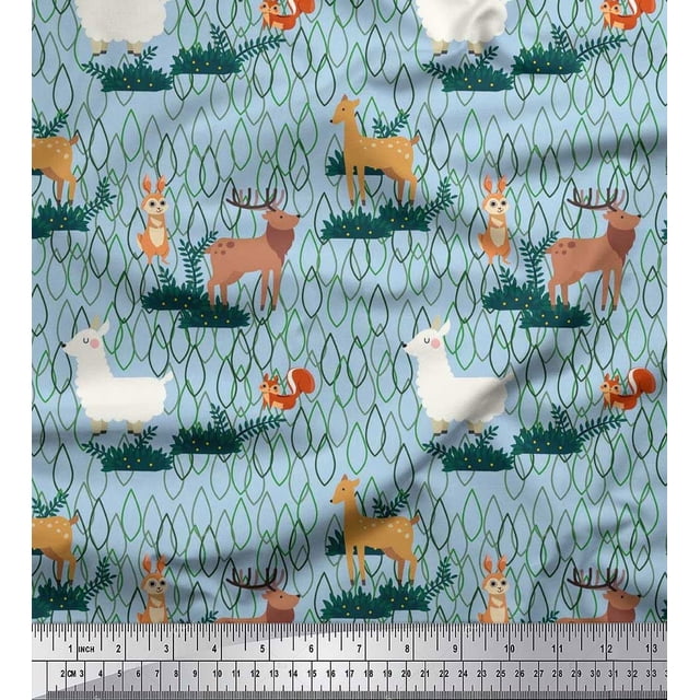 Soimoi Velvet Fabric Rabbit,Sheep & Deer Kids Printed Fabric 1 Yard 58 Inch Wide