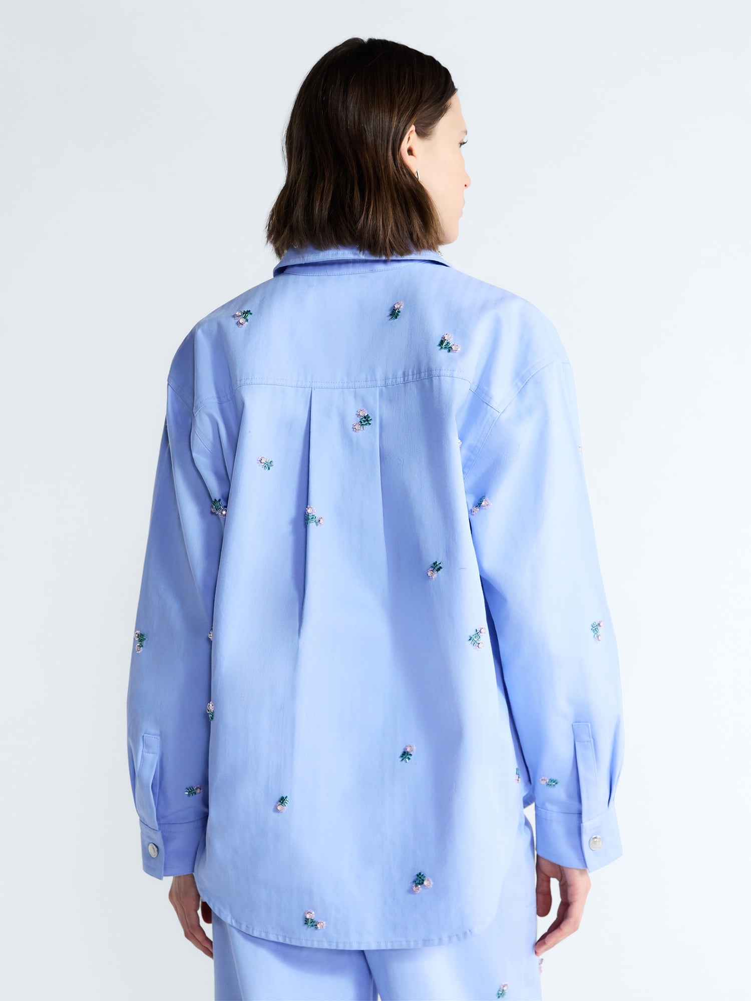 Free Assembly Women's and Women's Plus Embellished Cotton Utility Shirt with Long Sleeves, Sizes XS-4X