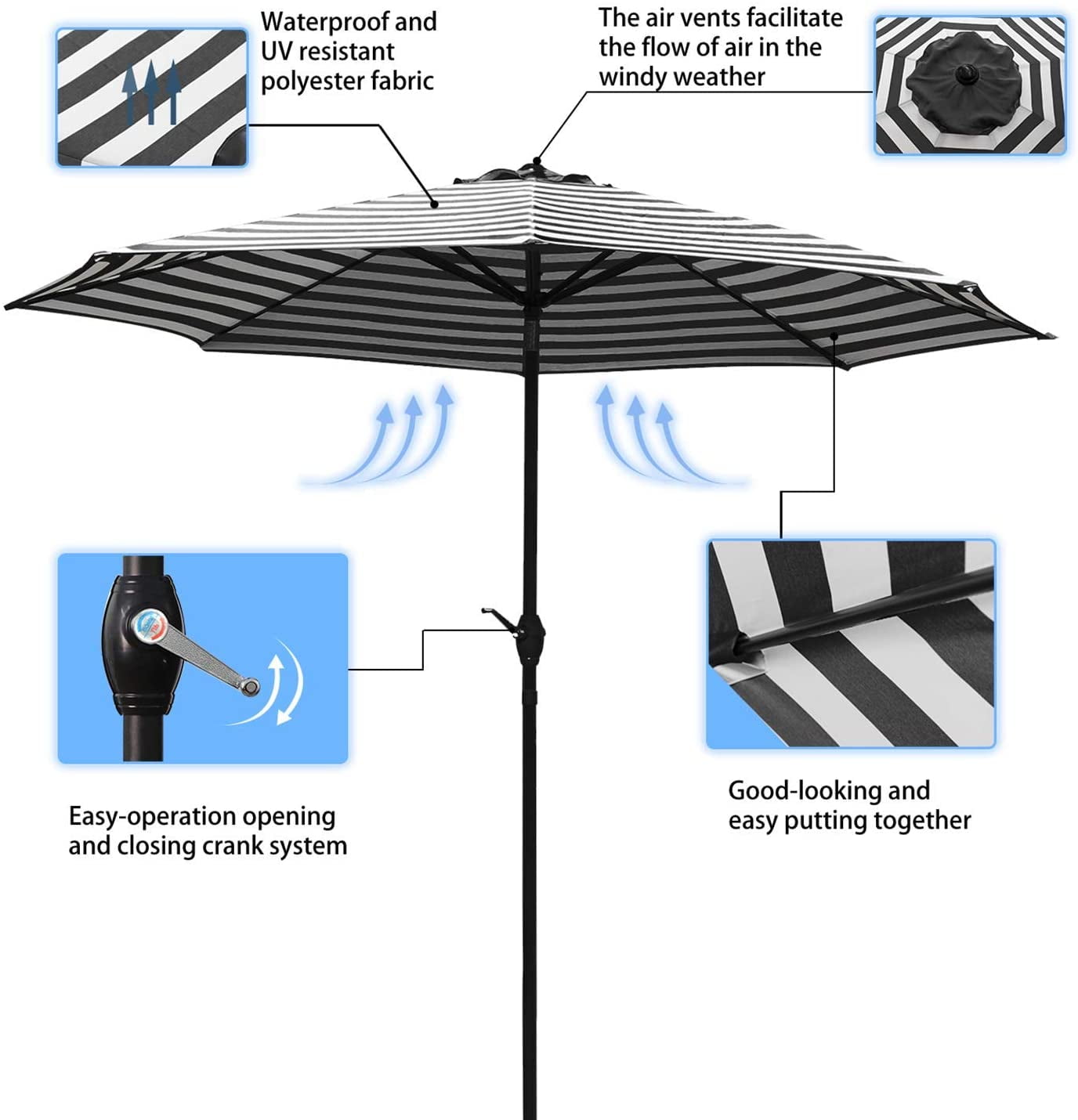 Devoko  9FT Patio Umbrella Outdoor Table Umbrella with 8 Sturdy Ribs, Black/White