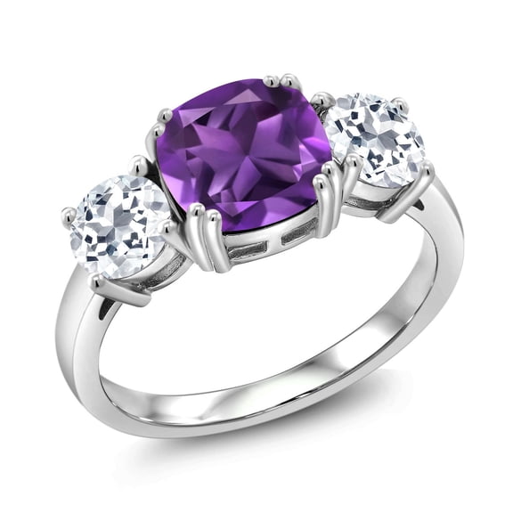 Gem Stone King 3.30 Cttw Purple Amethyst and White Topaz 3 Stone Engagement Ring for Women | 925 Sterling Silver | Gemstone February Birthstone | Cushion 8MM (Size 8)