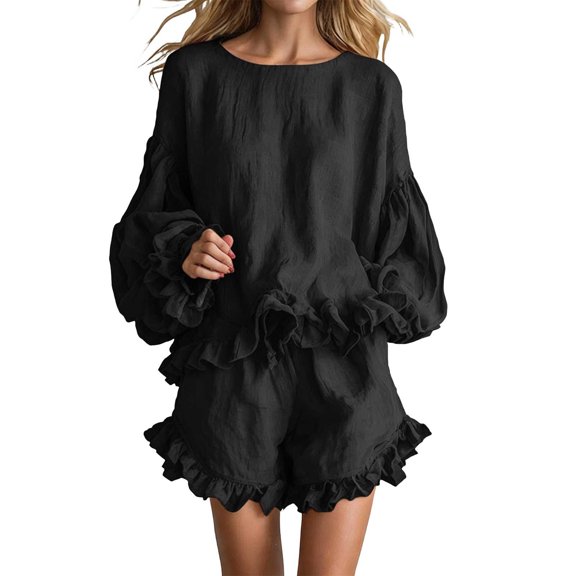 Floleo Women Two Piece Matching Outfit, Women Casual Coordinate Separates, Round Neck Puff Ruffle Long Sleeve Top Ruffle Hem Shorts, Solid Color Summer Beach Vacation Daily Outfit(Black,XL)