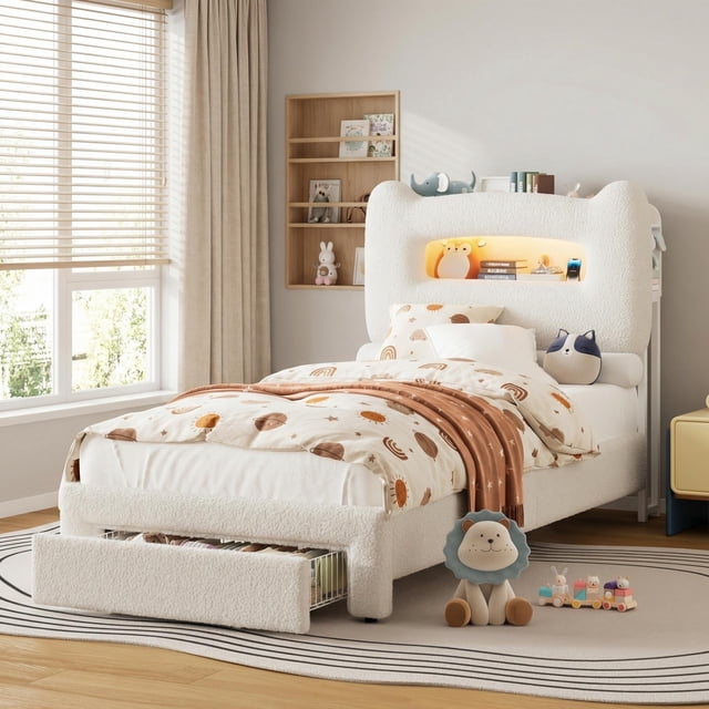 QinaQin Base de cama individual con cajón, cabecera tapizada con espacio de almacenamiento, luces LED RGB y estación de carga, soporte de madera resistente, no requiere box spring