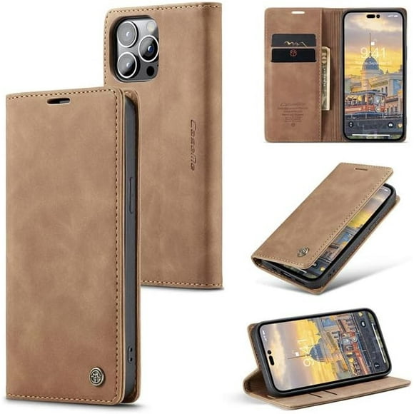 CaseMe pour iPhone 15 Pro, Étui Portefeuille Souple PU Cuir Flip Étui Magnétique Flip Housse de Protection Étui en Cuir avec ID & Carte de Crédit Fentes Titulaire Case-Brun