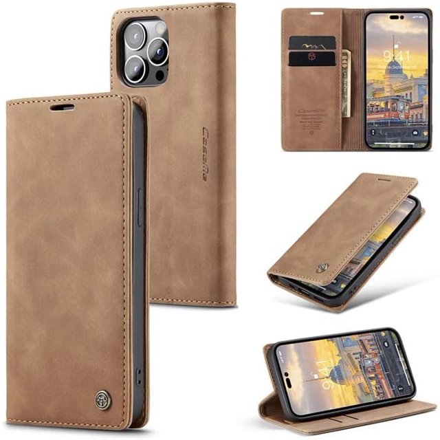 CaseMe for iPhone 15 Pro Max, Wallet Case Soft PU Leather Flip Case Magnetic Stand Flip Protective Cover Leather Case with ID & Credit Card Slots Holder Case-Brown