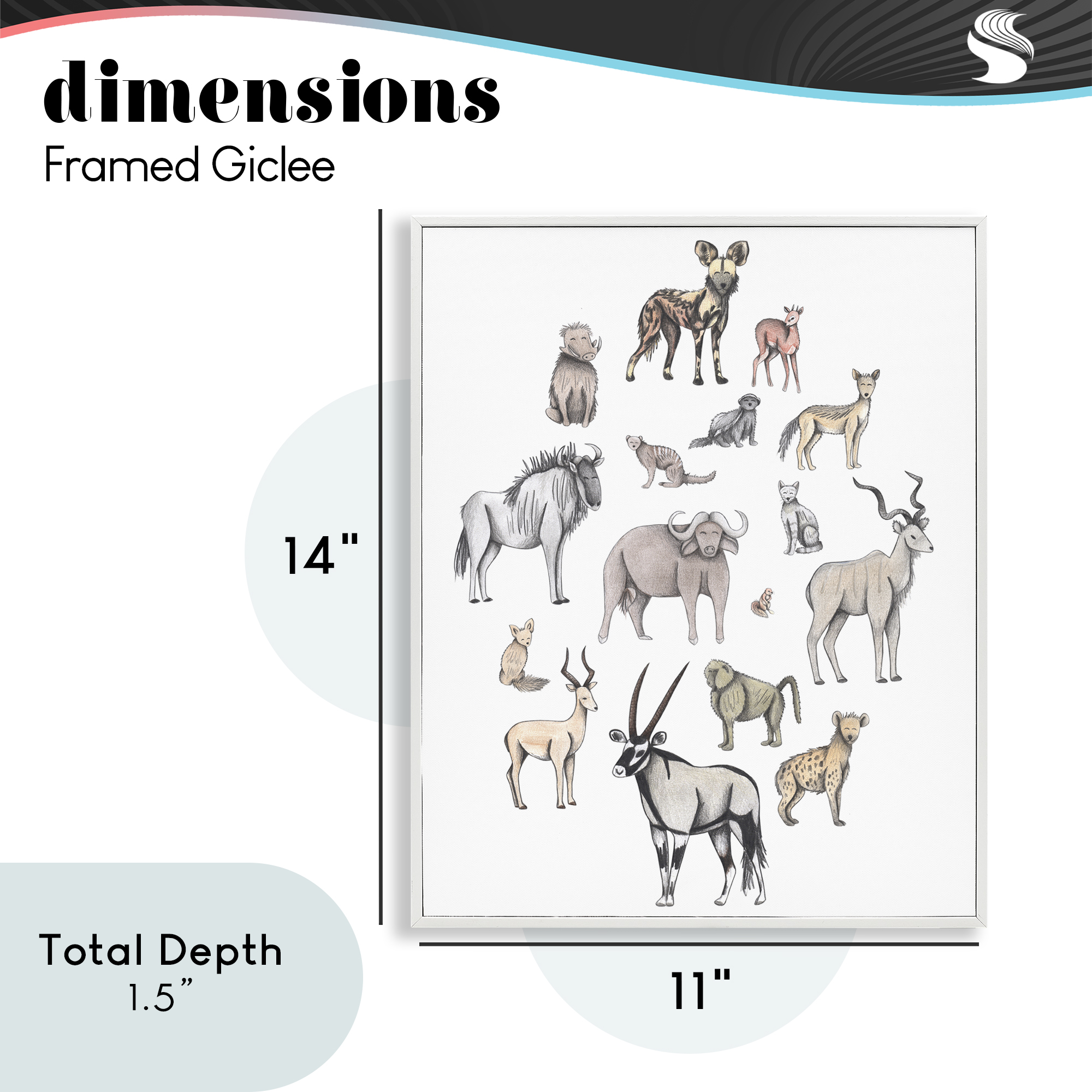 Simple Africa Animals White Framed Giclee Art, design by Cecilia Battaini