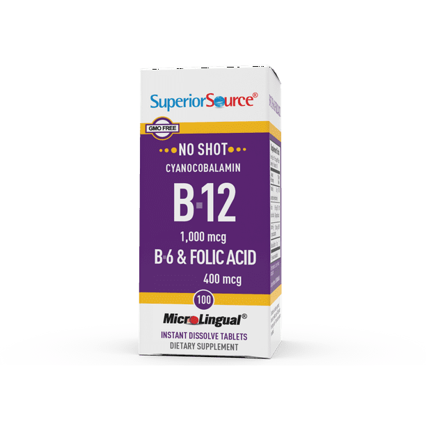 Superior Source No Shot Vitamin B12 Cyanocobalamin (1000 mcg), B6, Folic Acid, Quick Dissolve