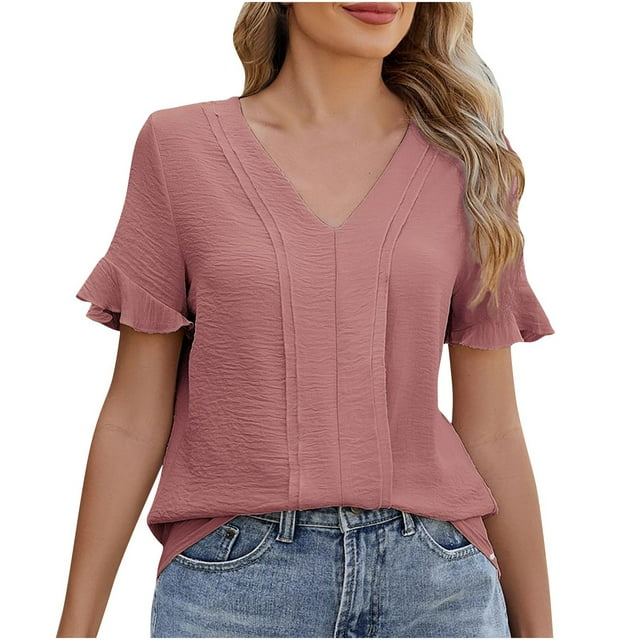 Timegard Summer Tops for Women V Neck Ruffle Short Sleeve Solid Color Casual Lightweight Top Blouse