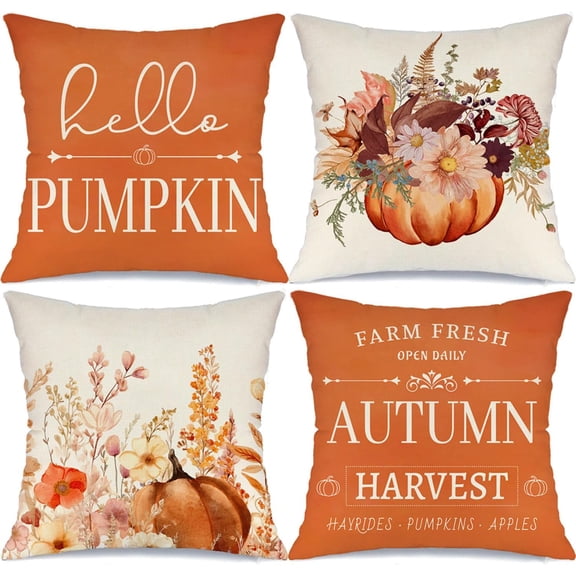 Fall Decor Pillow Covers 18x18 Set of 4 Thanksgiving Farmhouse Decorations Pumpkins Farm Fresh Harvest Outdoor Fall Decorative Throw Pillow Covers Autumn Cushion Case for Couch Sofa