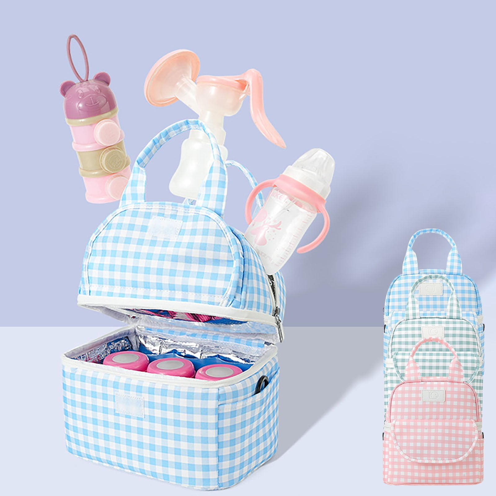 Insulated Breast Milk Cooler Bag with Checkered Pattern,Portable Mommy Backpack for Working Mothers,Temperature Control Lunch Bag for Outdoor and Commuting(Blue)