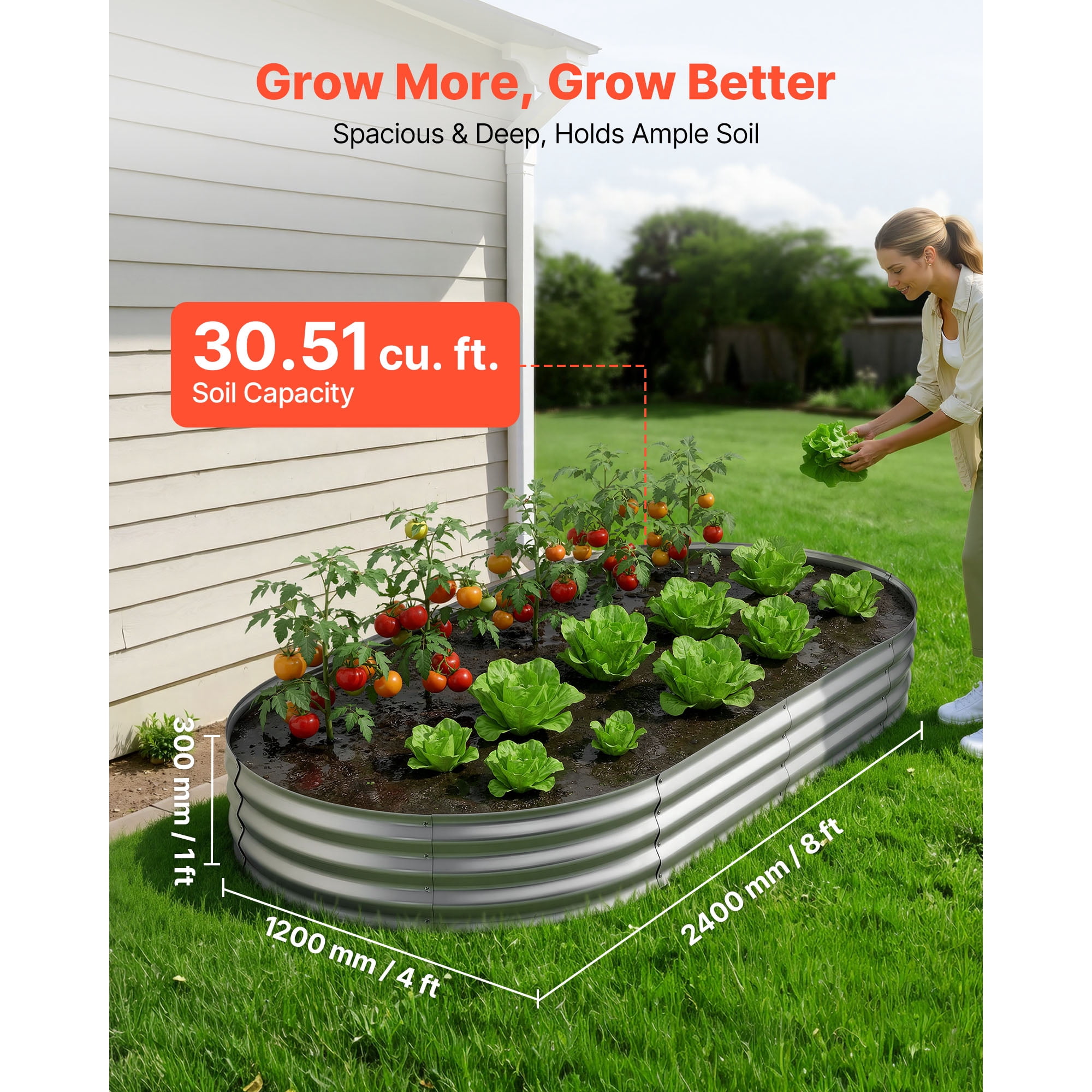 KFFKFF Galvanized Raised Garden Bed, 8 x 4 x 1 ft, Oval Metal Planter Box Kit for Outdoor Use, Bottomless Elevated Garden Box with Gloves, Rust-Resistant Alu-Zinc Material, Silver