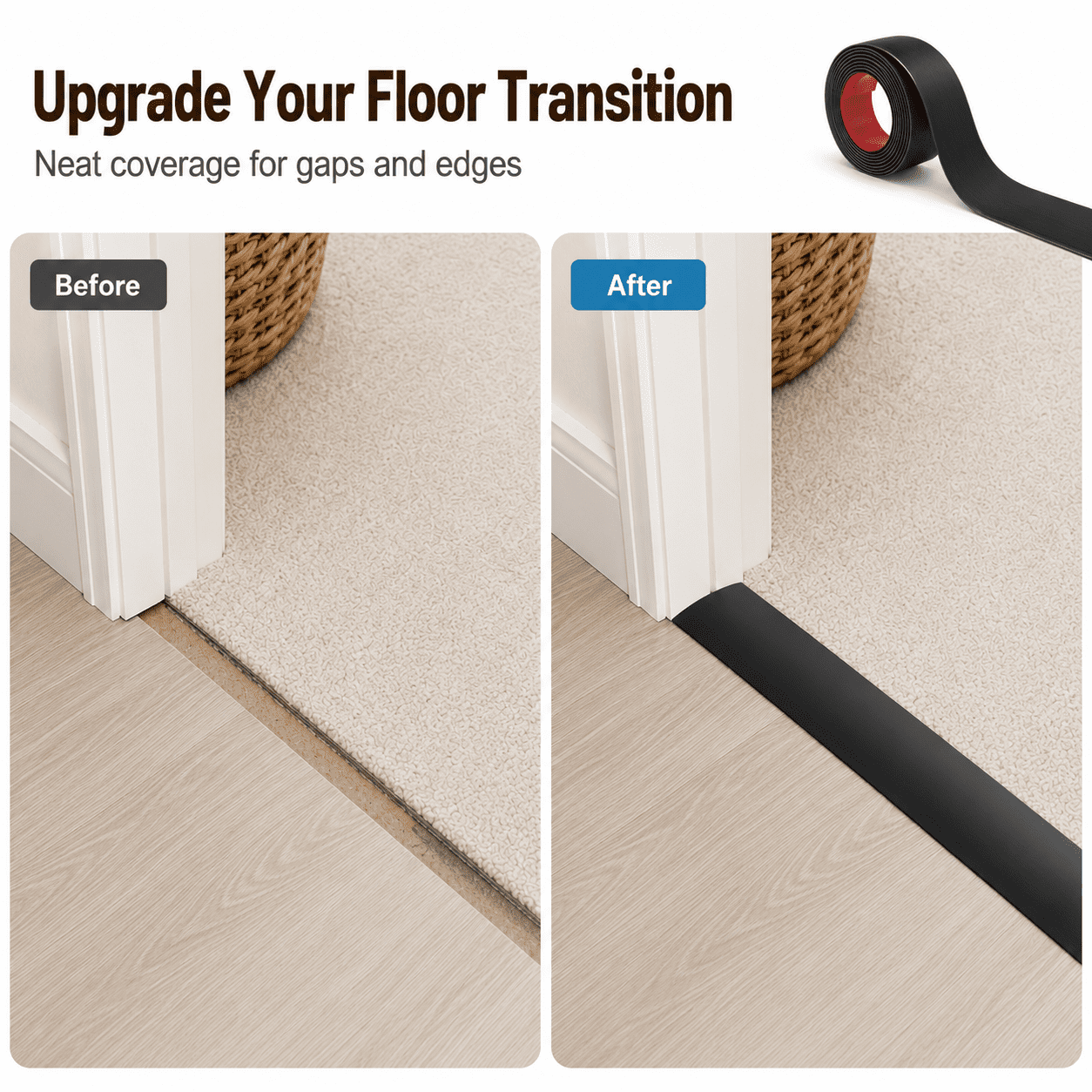 Yeslife 1 pc Self Adhesive Floor Transition Strip, 10 ft x 1.57 in, Black Vinyl, Flexible Waterproof Gap Cover for Laminate, Tile and Carpet Flooring