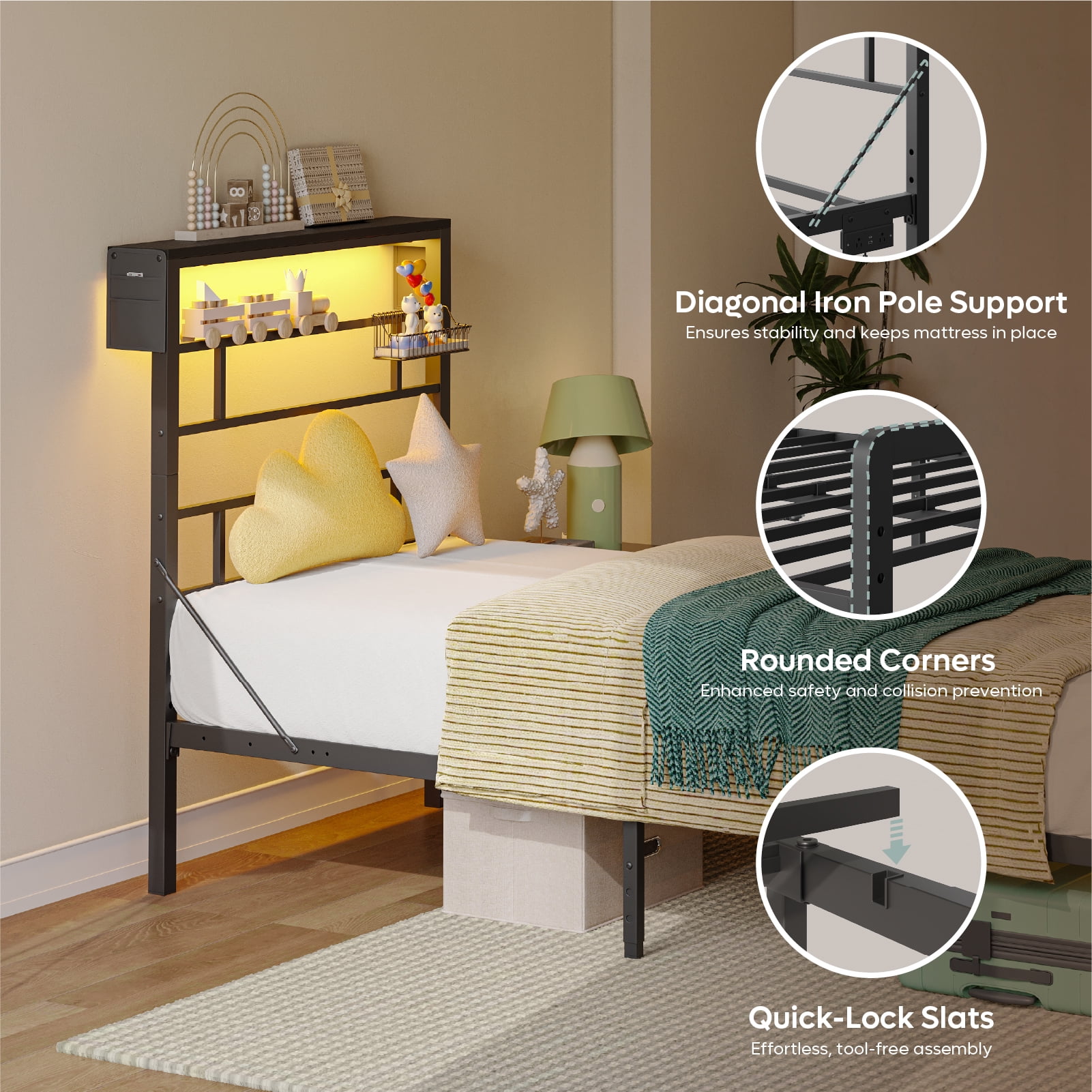 Bestier Twin Size LED Bedframe - Sturdy Metal Platform Bed with Headboard, Reversible Charging Station and 3 Adjustable Heights, Black