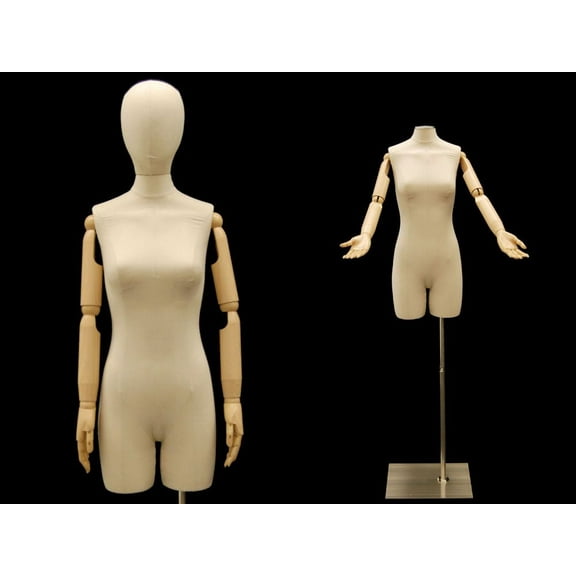Linen Adult Female Dress Form Mannequin with Bendable Arms and Removable Head with Rectangular Metal Base