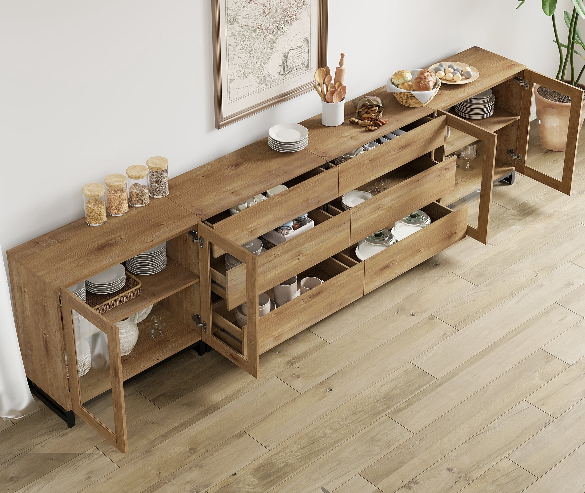 Multifunctional Coffee Bar Cabinet, 4-In-1 Storage Sideboard with Glass Doors, 6 Drawers and Adjustable Shelf, Sturdy Metal Base Buffet Cabinet for Kitchen Living Room,Oak