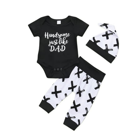 

3Pcs Baby Boy Clothes Newborn Infant Bodysuit Summer Short Sleeve Romper +Pants+Beanie Hat Set