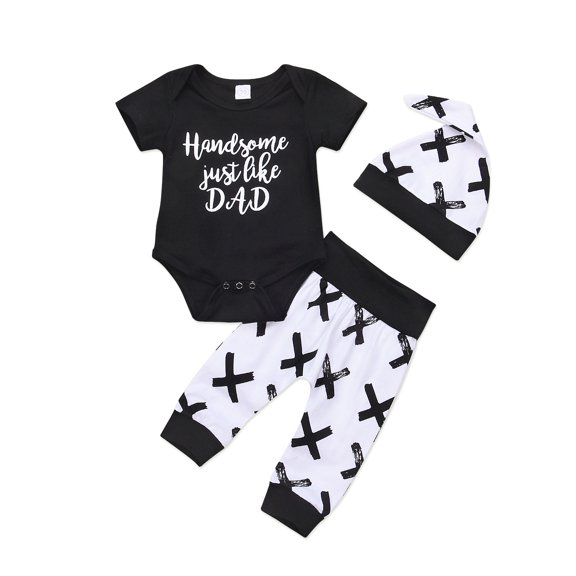3Pcs Baby Boy Clothes Newborn Infant Bodysuit Summer Short Sleeve Romper Pants Beanie Hat Set