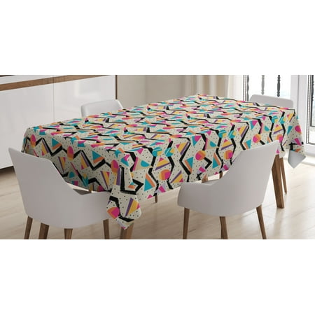 Vintage Tablecloth, Vintage 80s Style Geometrical Pattern with Triangles and Circles in Memphis Fashion, Rectangular Table Cover for Dining Room Kitchen, 52 X 70 Inches, Multicolor, by Ambesonne