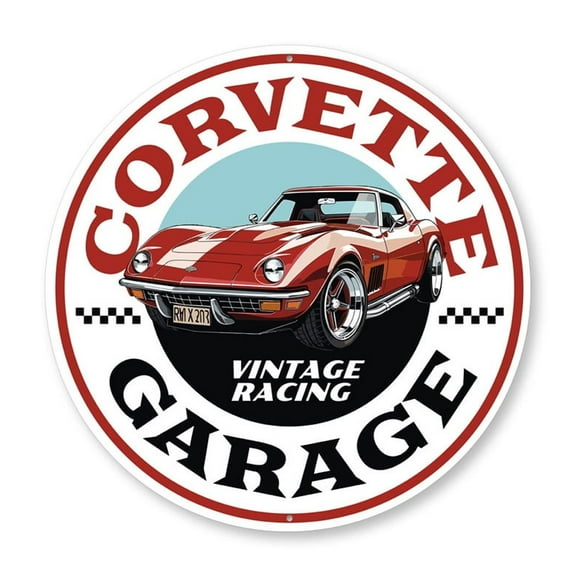 Corvette Garage Vintage Racing Aluminum Metal Decor Sign - 12" Round