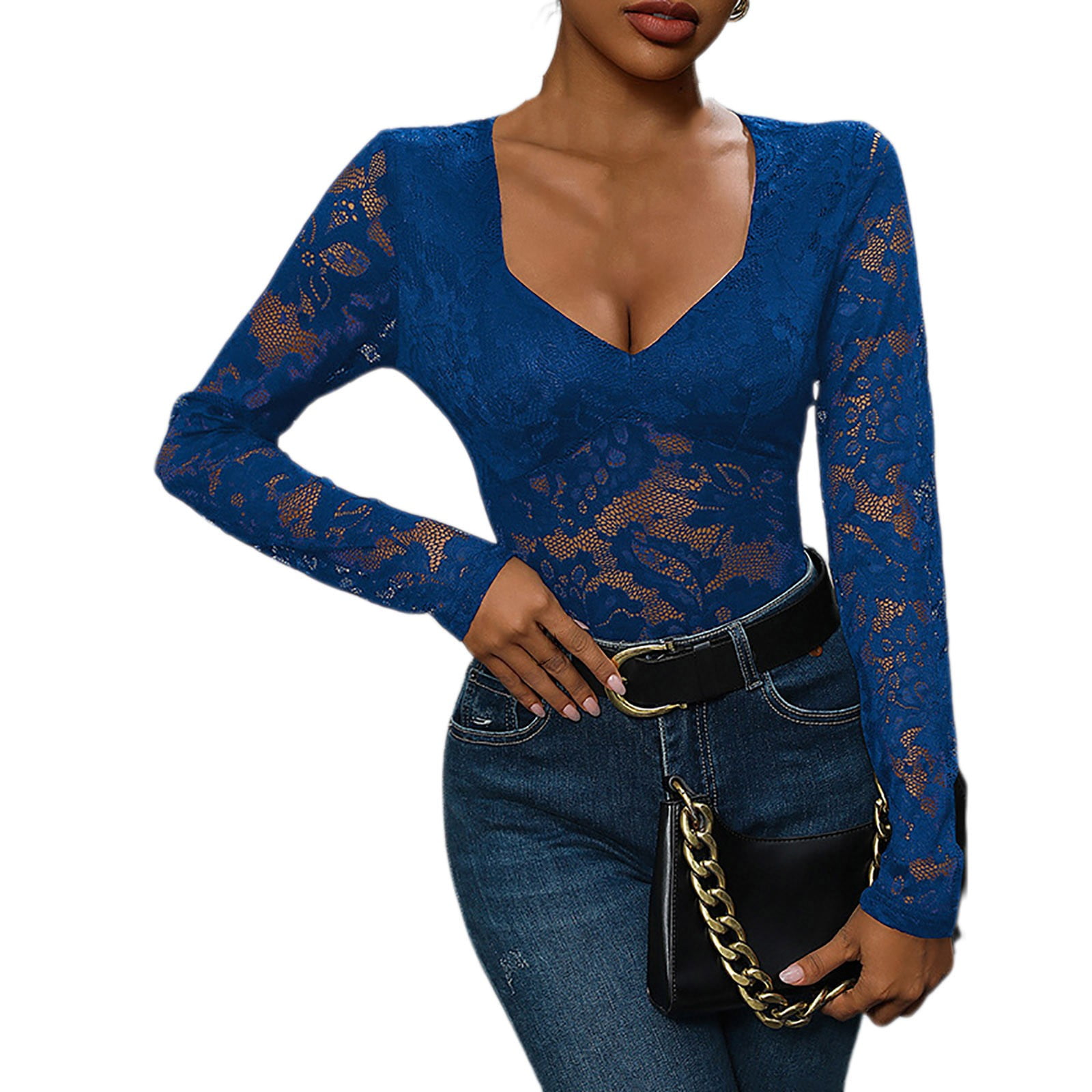 Oplxuo Long Sleeve Bodysuits for Women Floral Lace Sexy Deep V