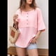 thumbnail image 5 of Blusas de Punto Gofre para Mujer, Moda 2025, Blusas de Patchwork Extragrandes con Cuello Redondo y Mangas 3/4, Color Rosa L, 5 of 6