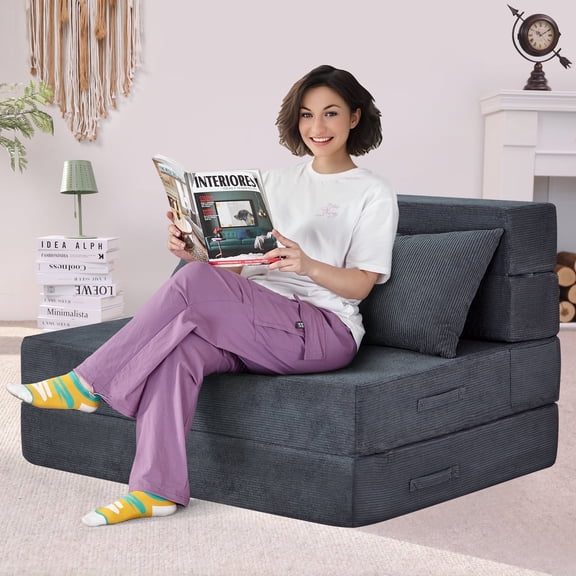 Jakoola Folding Sofa Bed - Convertible Floor Couch with High-Density Foam and Comfortable Corduroy Cover, Portable Chair for Livingroom and Small Spaces, with Pillow and Fitted Bag, Gray, Twin