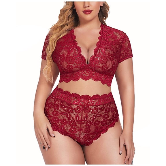 JSGEK Lace Lingerie for Women Plus Size Tummy Control Underwear Sexy Deep V Neck Short Sleeve Crop Top and Panties Set Red L