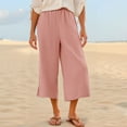 thumbnail image 2 of Bloomae Women Linen Pants Summer Wide Leg Capri Pants Elastic High Waist Loose Cropped Lounge Trousers Culottes with Pockets Pink M, 2 of 9