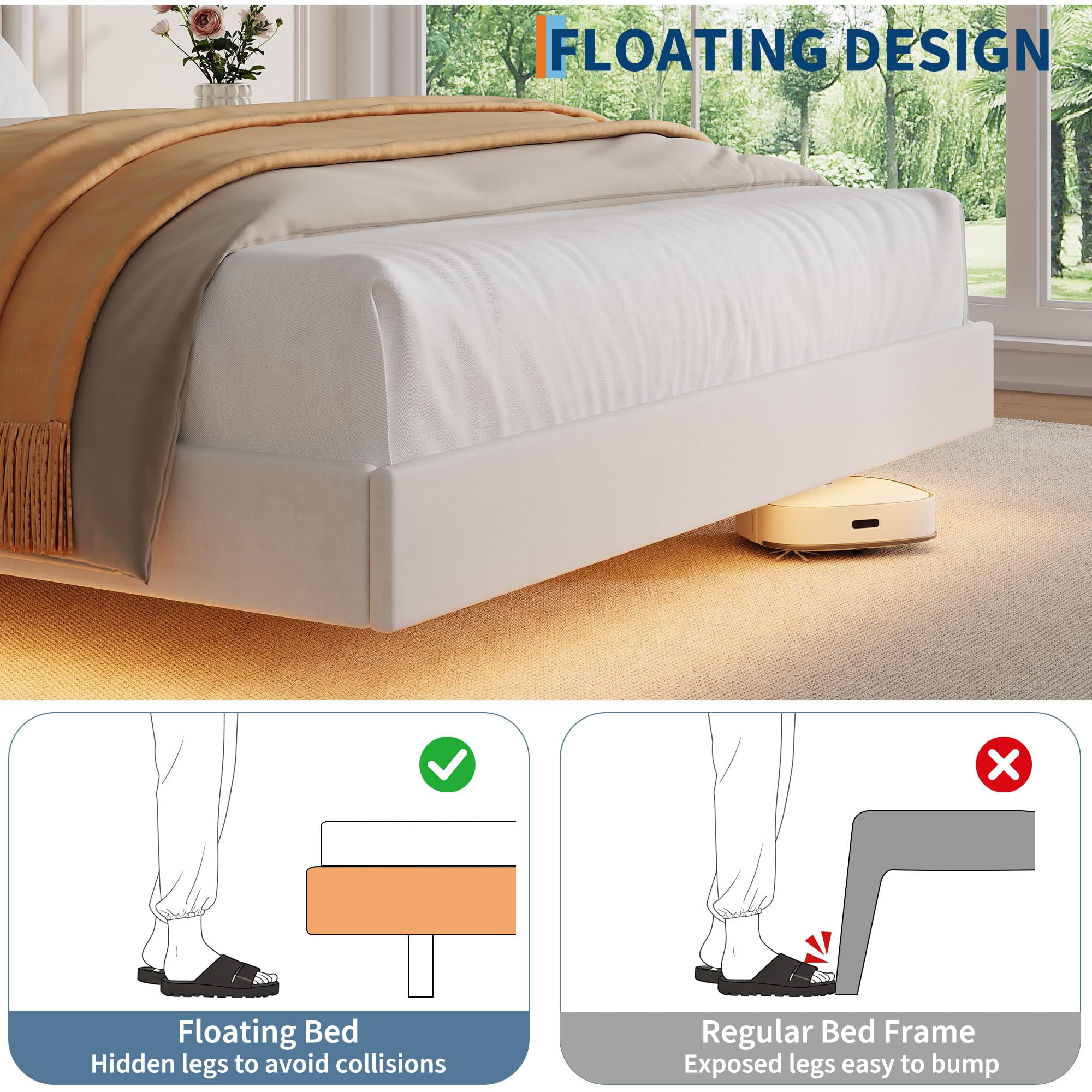 Floating Bed Frame, Queen Bed Frame, Velvet Upholstered Platform Bed with Storage Headboard, RGB LED Light, Wood Slats, Noise Free, Easy Assembly