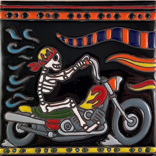 6x6 Motorcycle Riding. Day-Of-The-Dead Clay Tile