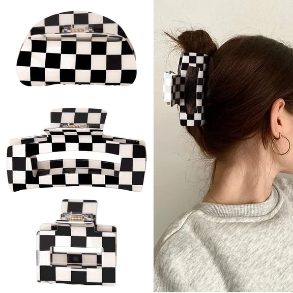 3pcs Vintage Checkered Hair Claw Clips for Women, Aesthetic Hair Clips Barrettes for Women and Girls