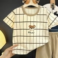 thumbnail image 3 of Ulanda Kids Toddler Boy Clothes Outfits Bear Print Tee + Plaid Shorts 2 Pieces Summer Shorts Set (Khaki, 3-4 Years), 3 of 4