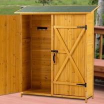 Qiushi 64” Outdoor Storage Shed with Lockable Double Doors, Large Wooden Garden Tool Storage with Detachable Shelves & Waterproof Asphalt Roof, Natural Fir Wood Organizer for Yard & Patio