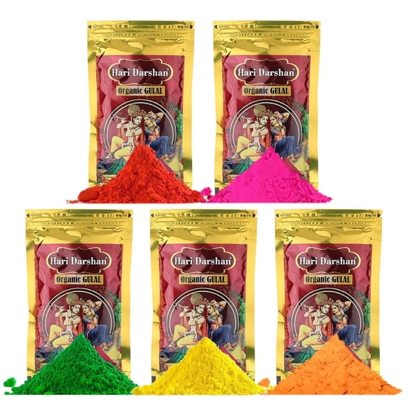 Organic Holi Gulal Combo Pack Of 5 X 100gm Each In Red, Green, Saffron Yellow & Pink - Eco Friendly Holi Colours | Made Of Natural Corn Starch Powder - Skin Friendly Scented Handmade Herbal Colour