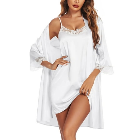 Avidlove Womens Robe Sets Sleepwear Satin Silk Sexy Nightgown with Bathrobes Lightweight White Lingerie Dress Bride Robes Set Knee Length