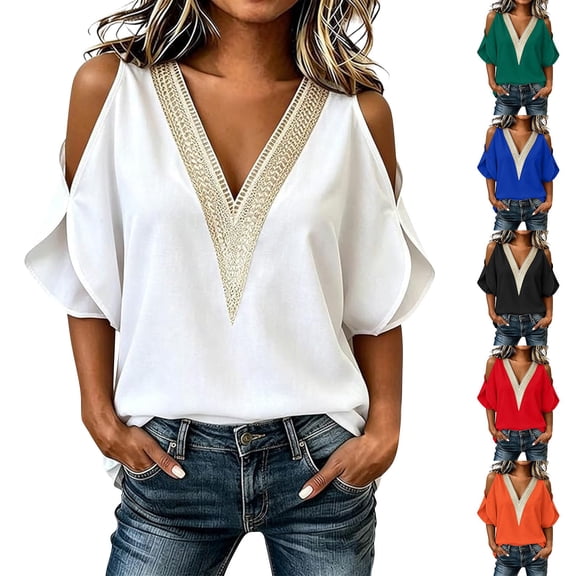 YVNAURA Women Lace Cold Shoulder Blouse V Neck Hollow Out Summer Tops 2026 Trendy Loose Fit Flowy Chiffon Shirt Short Sleeve Dressy Casual Outfits for Women Vacation Party, White,L