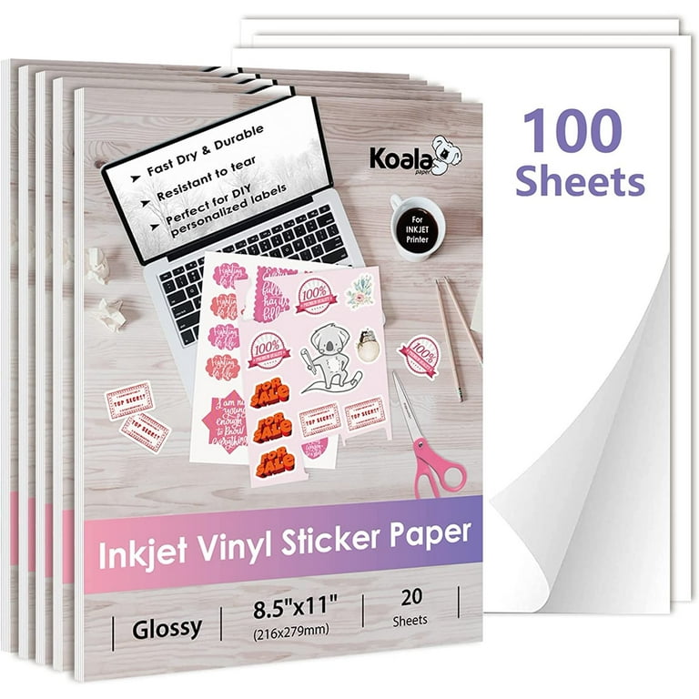 Koala Printable Vinyl Sticker Paper for Inkjet Printers - 100 Sheets Glossy  White Waterproof Adhesive Label Paper - 8.5x11 Inch, Tear-Resistant,  Removable - Walmart.com