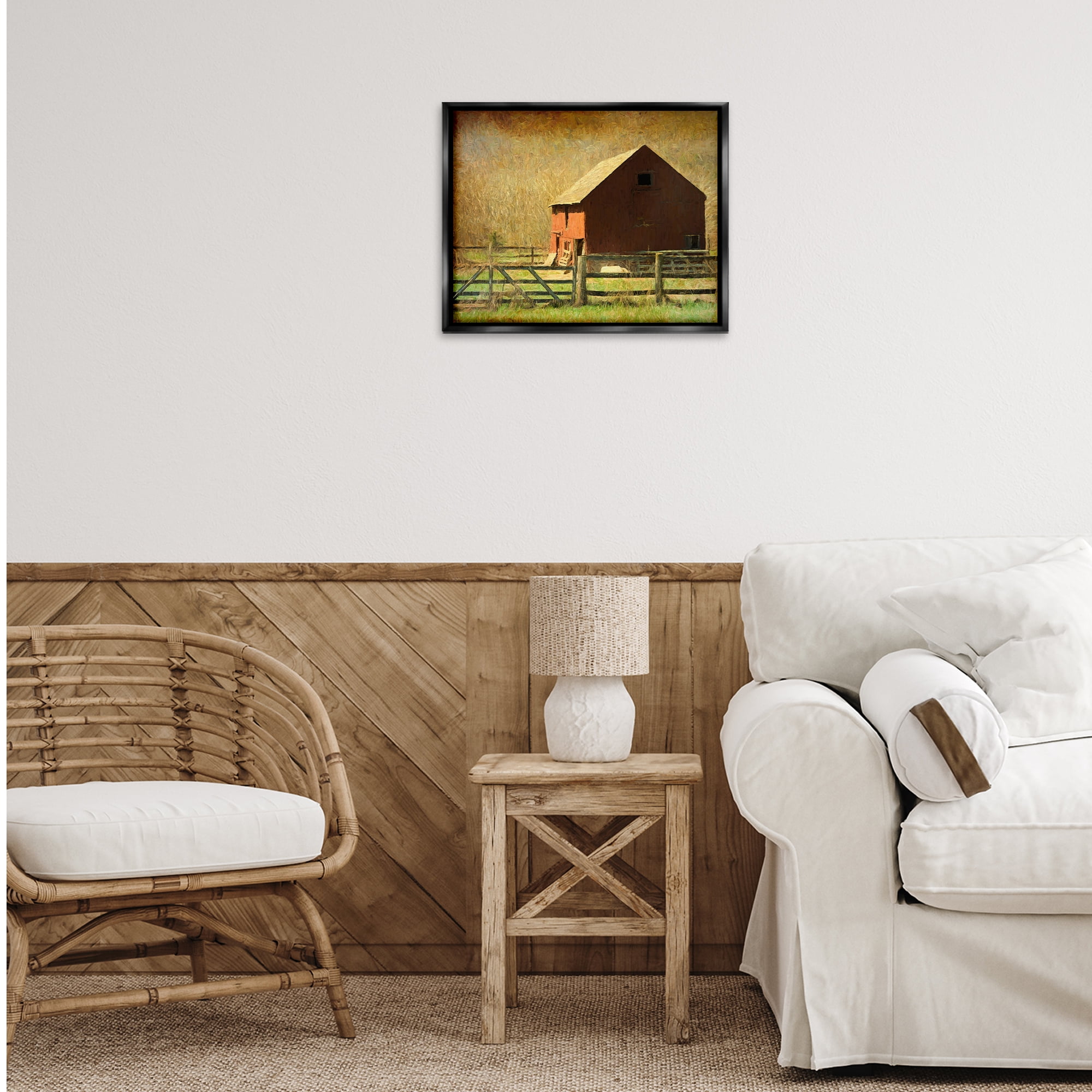 Stupell Industries Red Barn Distressed Pattern Landscape & Nature Painting Black Floater Framed Canvas Art Print Wall Art, 21 x 17