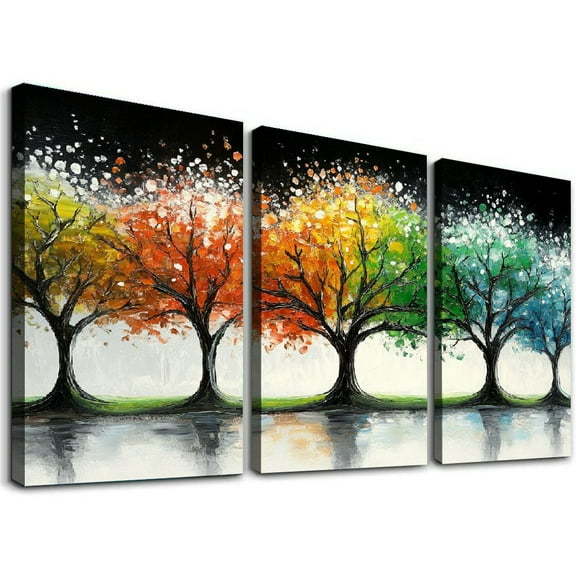 Colorful Abstract Trees Triptych Unframed Canvas Painting 12x16 Inches - Living Room Bedroom Wall Art Decor - Modern Unframed Style Oil Painting (No Frame)