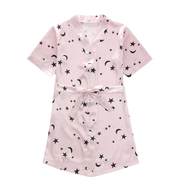 Qudderr Kids Baby Silky Satin Kimono Robe Solid Color Printing Bathrobe for Girls Boys Spring Fall Short Sleeve Night-Robe Toddler Soft Unisex Sleepwear for 1-7 Years