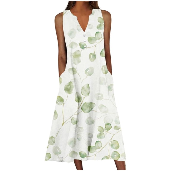 ZHOGXU Classic Style Summer Midi Dresses For Women Floral Graphic Sleeveless V Neck Sundresses Fancy,Beach