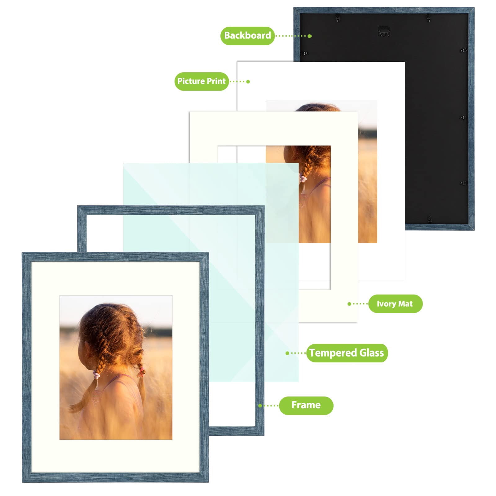 Golden State Art 16x20 Picture Frame, Matted to 11x14 with High Definition Glass, Blue, 1 Pack