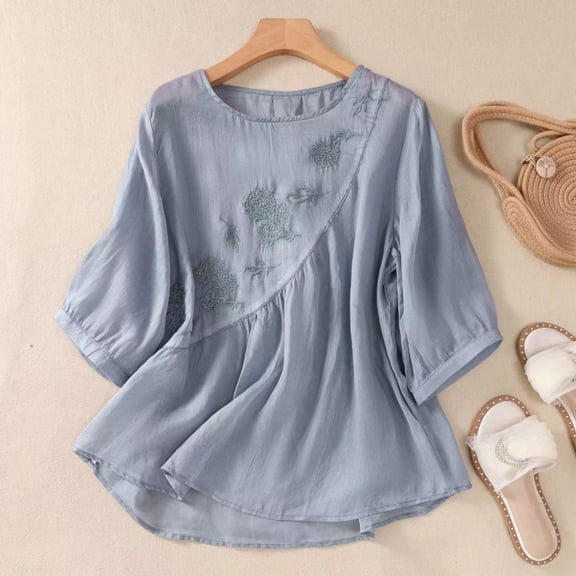 Qulqfy Casual Womens Blouse Solid 3/4 Length Sleeve Scoop Neck Loose Fit Cotton Linen Pleat Cute Fall Flowy Women Tops L