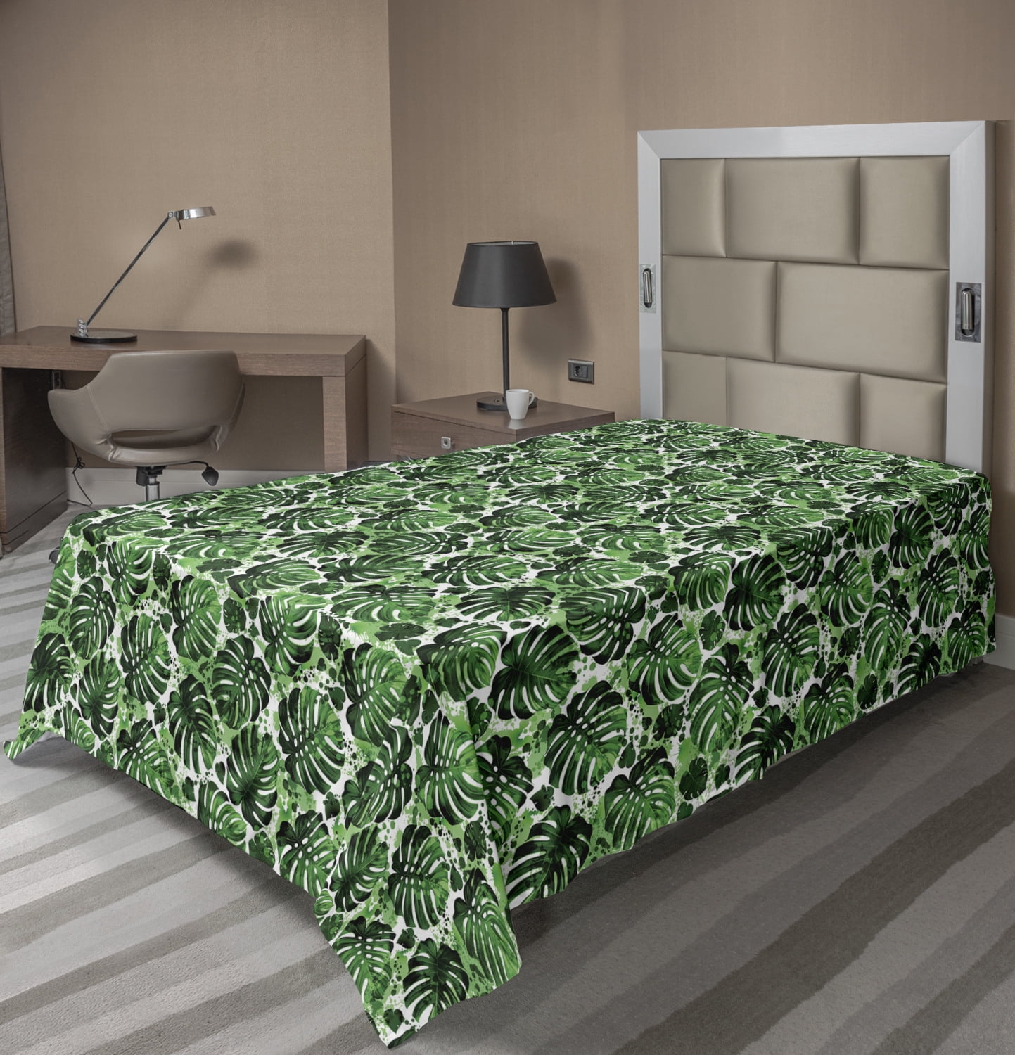 Tropical Flat Sheet, Green Tones Exotic Monstera Leaves Pattern with