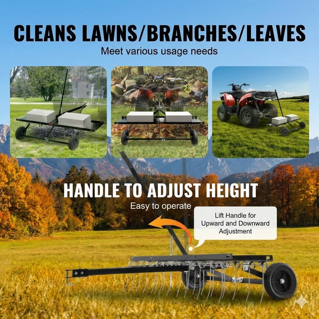 Tow Behind Dethatcher, 48-inch Tow Dethatcher with 24 Spring Steel Tines, Lawn Dethatcher Rake for ATV or Mower, Tow Behind Lawn Rake with Lift Handle for Garden Farm Grass