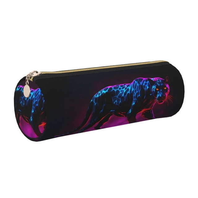 Easygdp Futuristic Purple Panther A、 para Estuche de Lápices Cilíndrico de Cuero con Cremallera, Organizador de Lápices de Cuero para Escuela, Oficina y Viajes