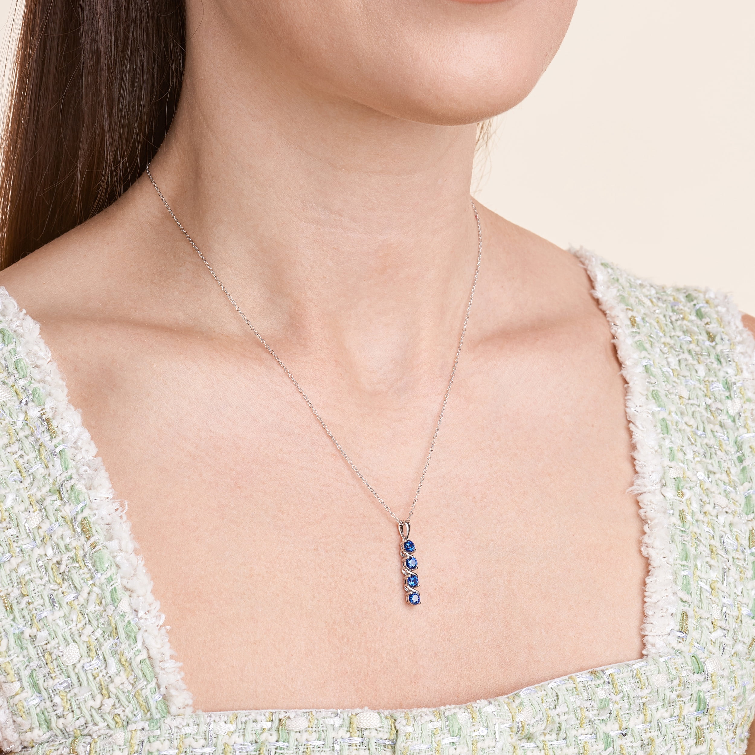 Forever Facets Created Blue Sapphire September Birthstone Drop Pendant in Sterling Silver, Adult Female